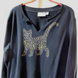 Quacker Factory Black Sweatshirt with crystal cat